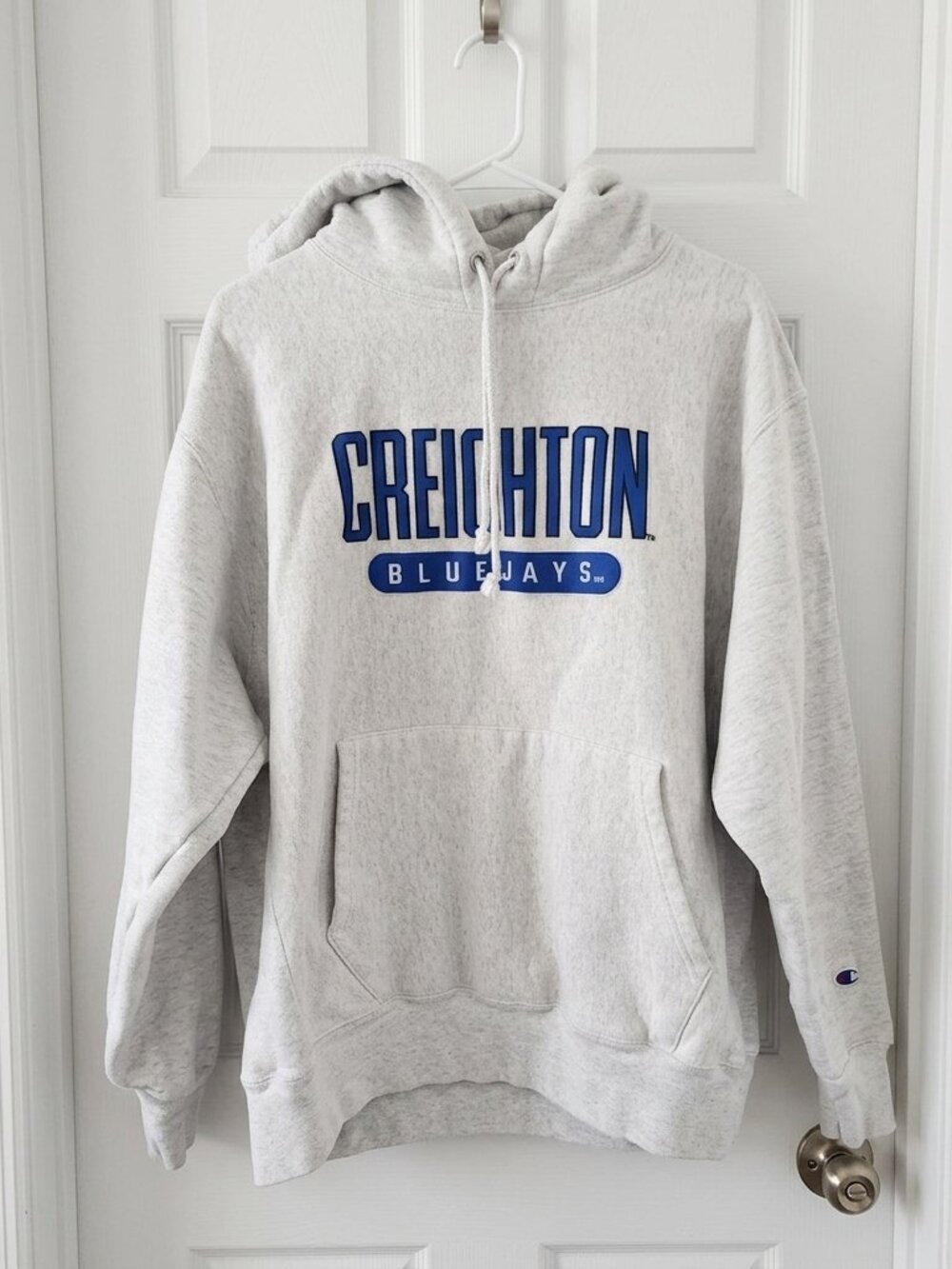 Champion Light Gray Creighton Bluejays Hoodie with Blue Logo